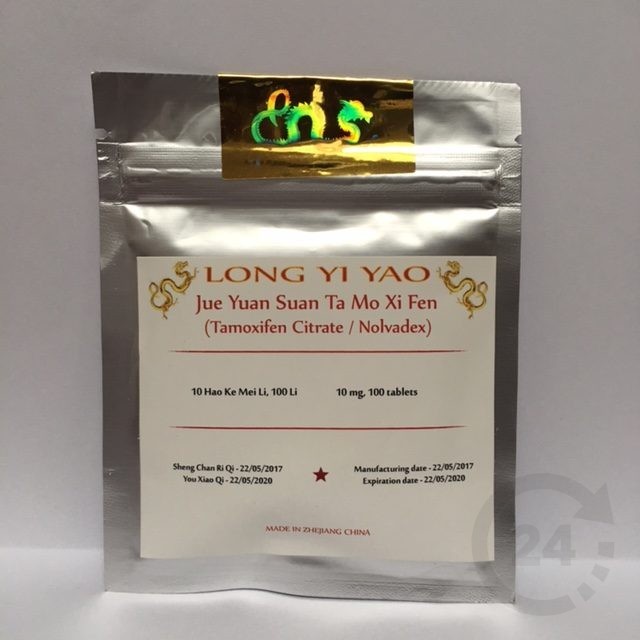 Verpakking van Long Yi Yao Tamoxifen Citrate tabletten, zilveren zak met rood en goud label, 100 stuks.